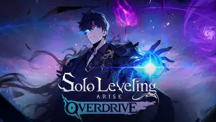 HD PC desktop wallpaper of Sung Jin-Woo from the video game Solo Leveling: ARISE — dark, stormy backdrop with blue-purple magic aura and the game logo.