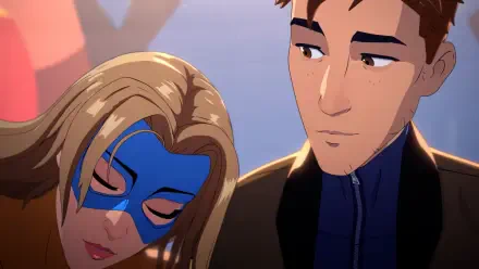 2K Quad HD PC wallpaper from the video game Dispatch: Blonde Blazer in a blue mask leans against Robert Robertson, a pensive man in a dark jacket.