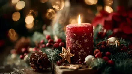 4K Ultra HD PC desktop wallpaper: glowing red Christmas candle surrounded by pine sprigs, red berries, a pinecone, ornaments and a golden star against warm bokeh lights.