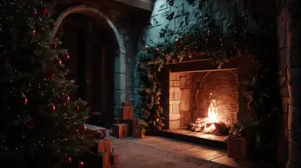 4K Ultra HD PC Desktop Wallpaper and Background: cozy Christmas fireplace in a stone hearth with a decorated tree, garlands, and wrapped presents casting a warm glow.