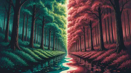 4K Ultra HD PC desktop wallpaper and background: surreal forest split into emerald and rose groves with a glowing, reflective river winding symmetrically down the center.