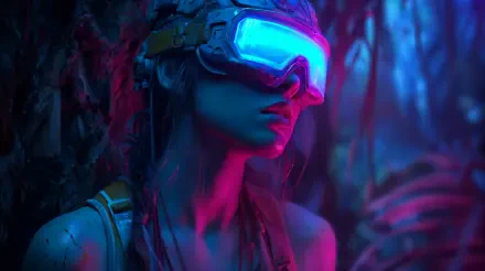 4K Ultra HD PC desktop wallpaper: sci-fi girl in glowing VR goggles, neon blue and magenta lighting in a futuristic forest, immersive virtual reality vibe.