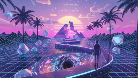 Dreamcore 4K Ultra HD PC desktop wallpaper and background: neon‑retro grid landscape with palm trees, floating crystal shards, a glowing vortex and silhouetted figure approaching a sunlit pyramid.