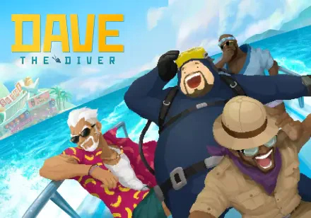 HD PC desktop wallpaper of Dave the Diver video game pixel art: jubilant divers and crew on a boat with a bright ocean backdrop and the game's logo.