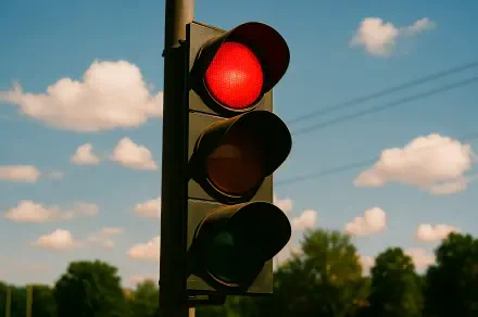 Close-up of a traffic light showing a red signal against a blue sky with fluffy clouds and treetops — 4K Ultra HD PC desktop wallpaper and background.