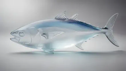 Translucent, glass-like tuna with silver-blue highlights gliding over a soft gradient, rendered as a 4K Ultra HD PC desktop wallpaper and background.