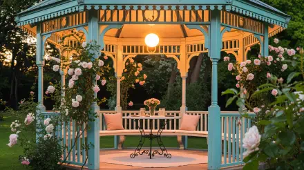 Teal garden gazebo framed by climbing roses, cushioned benches and a lit lantern above a small table — 4K Ultra HD PC Desktop Wallpaper and Background.