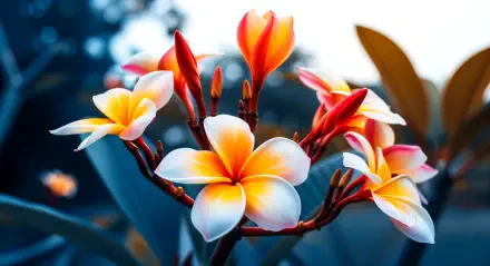 Close-up of vibrant plumeria blossoms in yellow, white and pink against teal foliage — 4K Ultra HD PC desktop wallpaper and background.