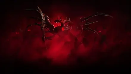 5K Ultra HD PC wallpaper: blood-red scene of a horned demon with spiked wings and claws emerging from smoke, evoking Diablo and Ashes of Creation video game aesthetics.