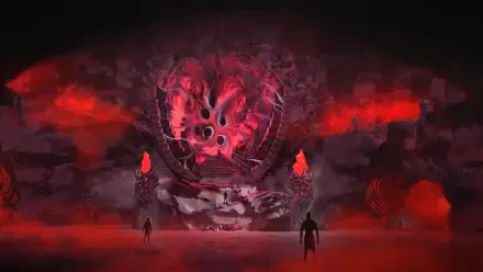 5K Ultra HD PC desktop wallpaper of the Ashes of Creation video game: a towering red fantasy portal with horned visage, flanked by flaming statues and shadowed figures amid blood-red mist.