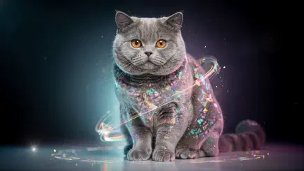 4K Ultra HD PC desktop wallpaper of a regal British Shorthair cat encircled by glowing cosmic rings and iridescent particles on a dark luminous background.