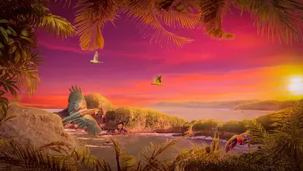 4K Ultra HD PC desktop wallpaper and background: vibrant parrots in a lush tropical sunset with palm fronds, rocky coast, lagoon and a glowing, colorful sky.