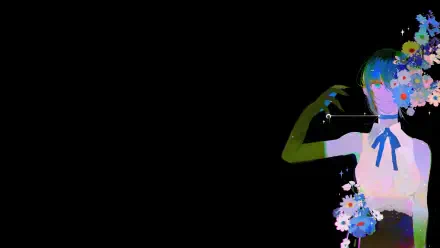 Chainsaw Man character with flowers masking the face and a green arm on a stark black backdrop — 8K Ultra HD PC wallpaper and background.