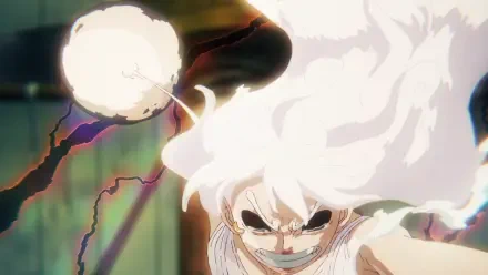 HD One Piece desktop wallpaper of Jewelry Bonney in Gear 5 — close-up action shot with wild white hair, fierce expression, and a glowing, energy-charged fist.