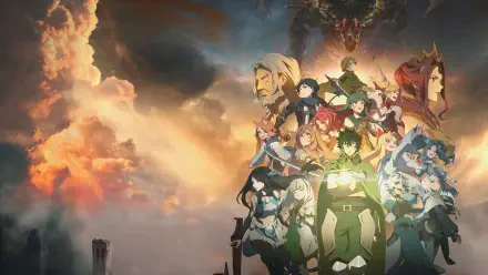 The Rising of the Shield Hero 4K Ultra HD PC wallpaper showing Naofumi with his shield and the main cast illuminated against dramatic, stormy skies.