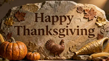 4K Ultra HD PC desktop wallpaper: carved stone Happy Thanksgiving plaque with pumpkins, turkey relief, cornucopia and autumn leaves.