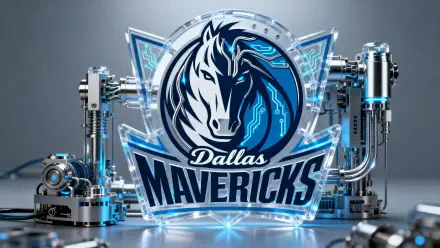 Dallas Mavericks 4K Ultra HD PC desktop wallpaper and background: futuristic chrome-and-blue team logo with mechanical accents and glowing circuitry.