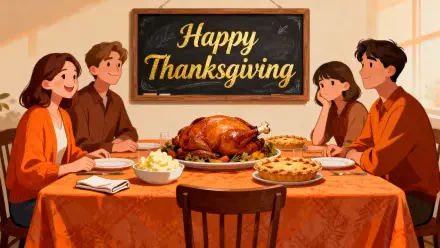 Happy Thanksgiving text above a family gathered around a table with roast turkey, sides and pies — 4K Ultra HD PC desktop wallpaper and background.