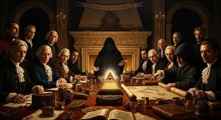 Illuminati-themed 4K Ultra HD PC desktop wallpaper showing a hooded figure and glowing all-seeing pyramid on a table, surrounded by robed and suited men in a candlelit chamber.