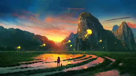 2K Quad HD PC desktop wallpaper and background: fantasy landscape of a child and dog by winding reflective pools, glowing fireflies, and towering sunlit mountains at sunset.