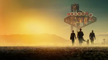 Fallout (TV Show) 4K Ultra HD PC wallpaper/background: three silhouetted figures and a dog cross a sunlit desert toward a weathered Welcome to New Vegas neon sign at dusk.