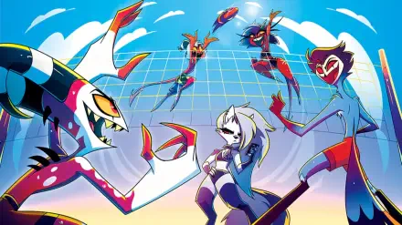 Helluva Boss 2K Quad HD PC desktop wallpaper background: vibrant cartoon demons and a white‑haired protagonist striking poses against a neon grid sky.