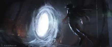 The Sandman TV wallpaper: a shadowy figure reaches toward a swirling luminous portal in moody blues and grays — 2K Quad HD PC desktop wallpaper and background.