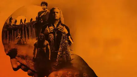 28 Years Later: The Bone Temple — 4K Ultra HD PC desktop wallpaper depicting an orange, ominous collage of cloaked figures, skeletal motifs and a distant temple silhouette.