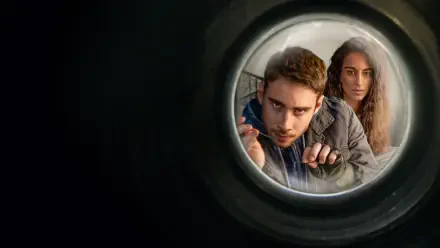 HD PC desktop wallpaper and background: Berlin (La Casa De Papel) and an ally peering through a door peephole, framed by a moody dark vignette.