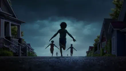 Eerie 4K Ultra HD PC desktop wallpaper: silhouetted children running down a wet suburban street beneath a stormy sky — scene tagged weapon.