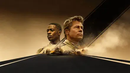 F1 (2025) 4K Ultra HD PC Desktop Wallpaper and Background — two focused drivers' portraits above a speeding F1 car kicking up dust on a dramatic golden racetrack.