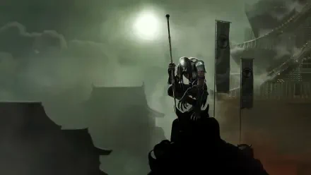 Predator Killer Of Killers 4K Ultra HD PC desktop wallpaper background: armored, cloaked hunter perched on a rooftop under a pale moon, banners and a misty city skyline behind.