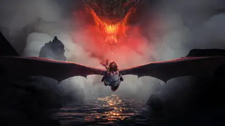 How to Train Your Dragon (2025) 4K Ultra HD PC desktop wallpaper: A rider on a dragon glides over misty water toward a towering, fiery dragon face emerging from smoke.