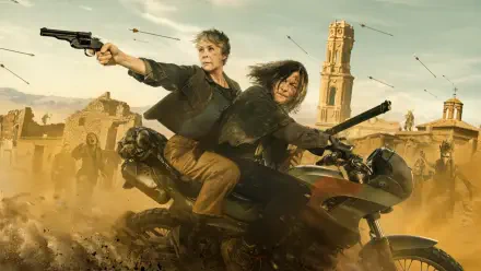 The Walking Dead: The Ones Who Live 4K Ultra HD PC wallpaper — two armed survivors on a motorcycle racing through a sunlit, dust-filled ruined town.