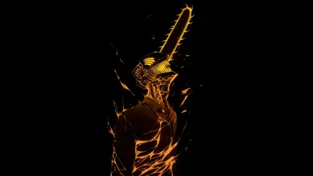 Chainsaw Man silhouette with a glowing orange chainsaw head and molten, cracked body — 8K Ultra HD PC desktop wallpaper and background.
