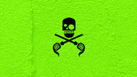 The Toxic Avenger 4K Ultra HD PC desktop wallpaper: neon green textured background with a black skull emblem above crossed mop heads.