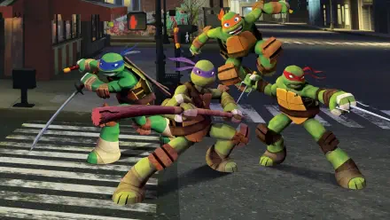 Teenage Mutant Ninja Turtles (2012) HD PC desktop wallpaper and background: Leonardo, Donatello, Michelangelo and Raphael brandish weapons, striking action poses on a night city street.