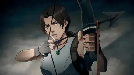 Stylized Lara Croft from Tomb Raider: The Legend of Lara Croft, drawing a bow amid stormy clouds — 4K Ultra HD PC desktop wallpaper/background.