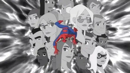 The Spectacular Spider-Man 4K Ultra HD PC desktop wallpaper: Spider-Man crouches atop a grayscale collage of allies and foes against a swirling web background.