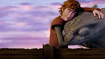 Hiccup embraces Toothless at a pink sunset — Dragons: Race to the Edge HD PC desktop wallpaper.