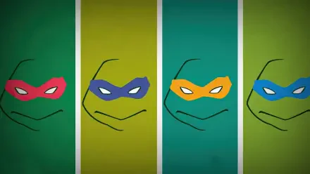 HD PC desktop wallpaper: minimalist Teenage Mutant Ninja Turtles (2003) design with four vertical panels showing stylized turtle faces and red, purple, orange, and blue masks.