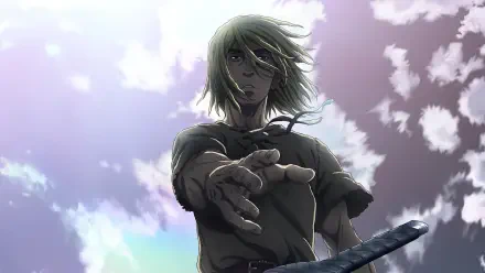 Vinland Saga 4K Ultra HD PC desktop wallpaper and background: low-angle view of a blond warrior reaching forward, wind-swept hair, sword at his hip under a dramatic cloudy sky.