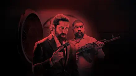 Den of Thieves 2: Pantera 4K Ultra HD PC desktop wallpaper and background — two armed men in a red-lit scene, one holding a pistol, the other an assault rifle, shadowed backdrop.