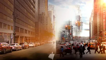 IF (2024) 4K Ultra HD PC Desktop Wallpaper and Background — split urban street: left sunlit, nearly empty lane; right crowded crosswalk with taxis, pedestrians and city traffic.