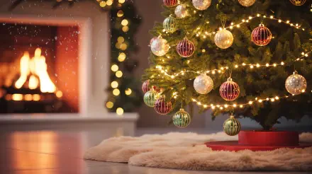 4K Ultra HD PC desktop wallpaper showing Christmas decorations: lit tree with gold and red baubles and string lights, a faux-fur tree skirt, and a glowing fireplace in a cozy room.
