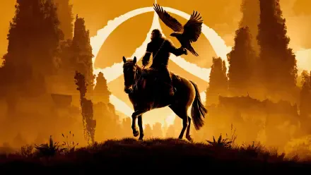 Silhouetted ape on horseback with a hawk, backlit by an orange sunset and emblem — Kingdom of the Planet of the Apes 4K Ultra HD PC desktop wallpaper.
