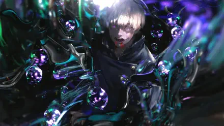 Jujutsu Kaisen 4K Ultra HD PC wallpaper: pale blonde figure with bloodied mouth surrounded by twisting iridescent tendrils and floating reflective orbs, bathed in eerie purple-green light.