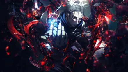 Satoru Gojo (Jujutsu Kaisen) rendered in a dramatic 4K Ultra HD PC desktop wallpaper, shrouded in red-black cursed energy and reaching forward with a glowing hand.
