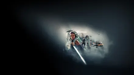 Ahsoka (2023) HD PC desktop wallpaper and background — Ahsoka Tano charging forward with a bright white lightsaber, allies and starships emerging from smoky darkness.