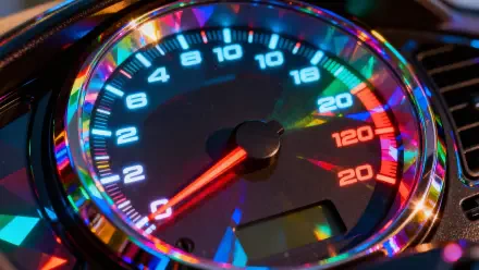 Close-up illuminated speedometer with neon reflections and red needle, rendered as a 4K Ultra HD PC desktop wallpaper and background.